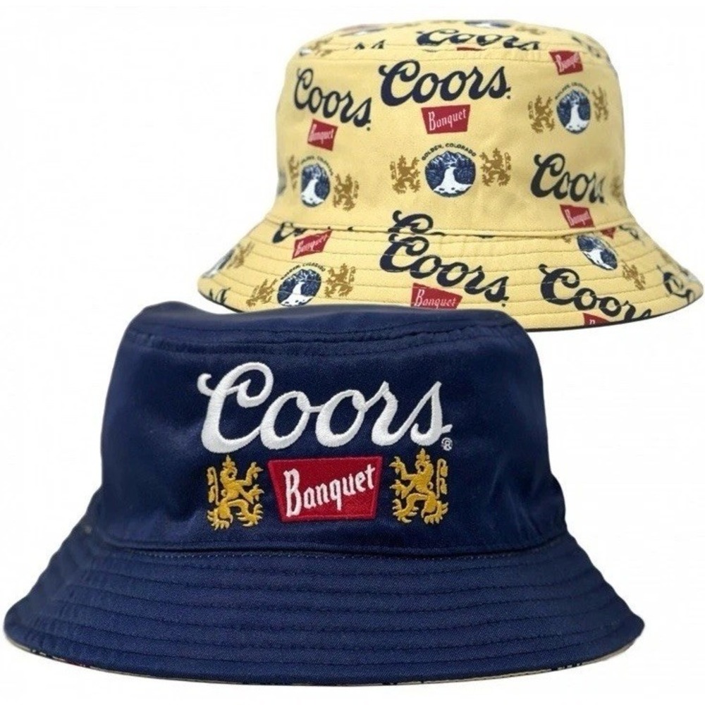 Coors Banquet Beer Brand and All Over Logos Reversible Text Bucket Hat